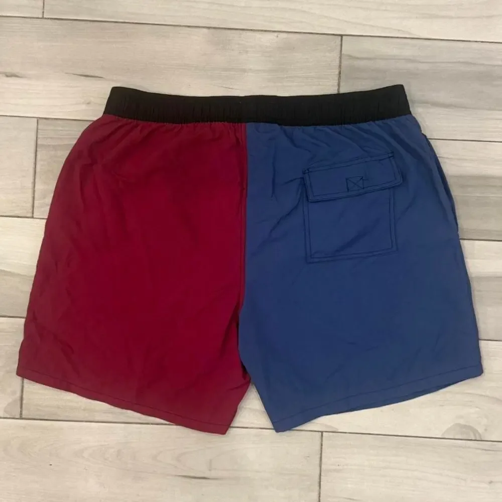 Colorblock Swim Shorts / Trunks Blue Burgundy Elastic Waist